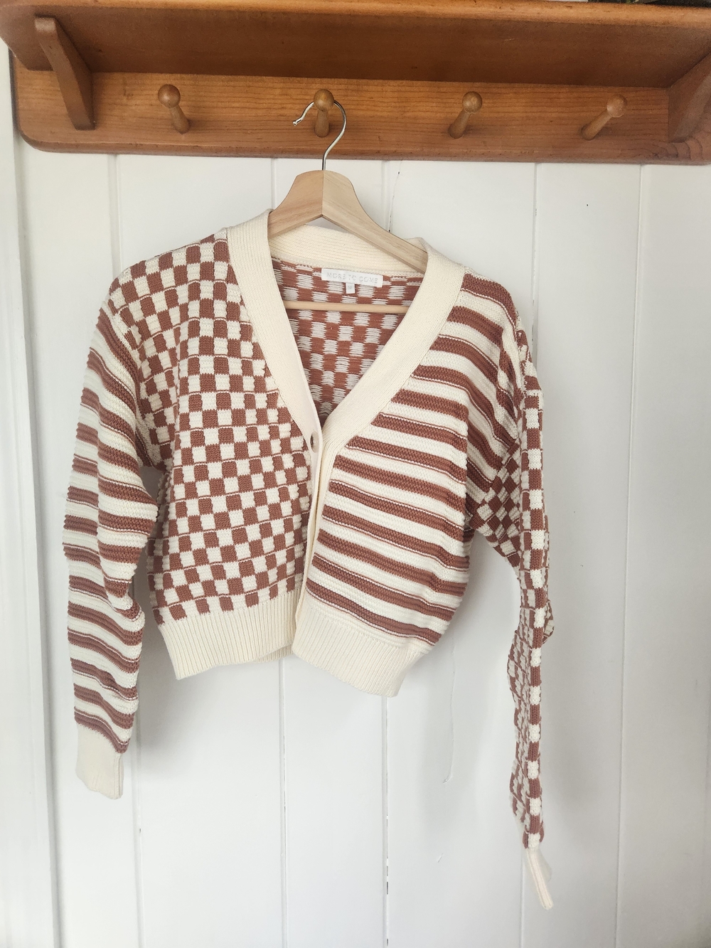 Checked & Striped Cropped Cardigan Sweater - Cream and Brown